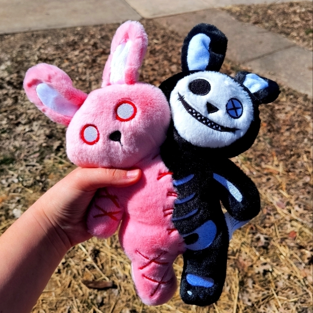 Spooky Unique Cute Pink and Black Plush Bunny Toy with Red and Blue accents